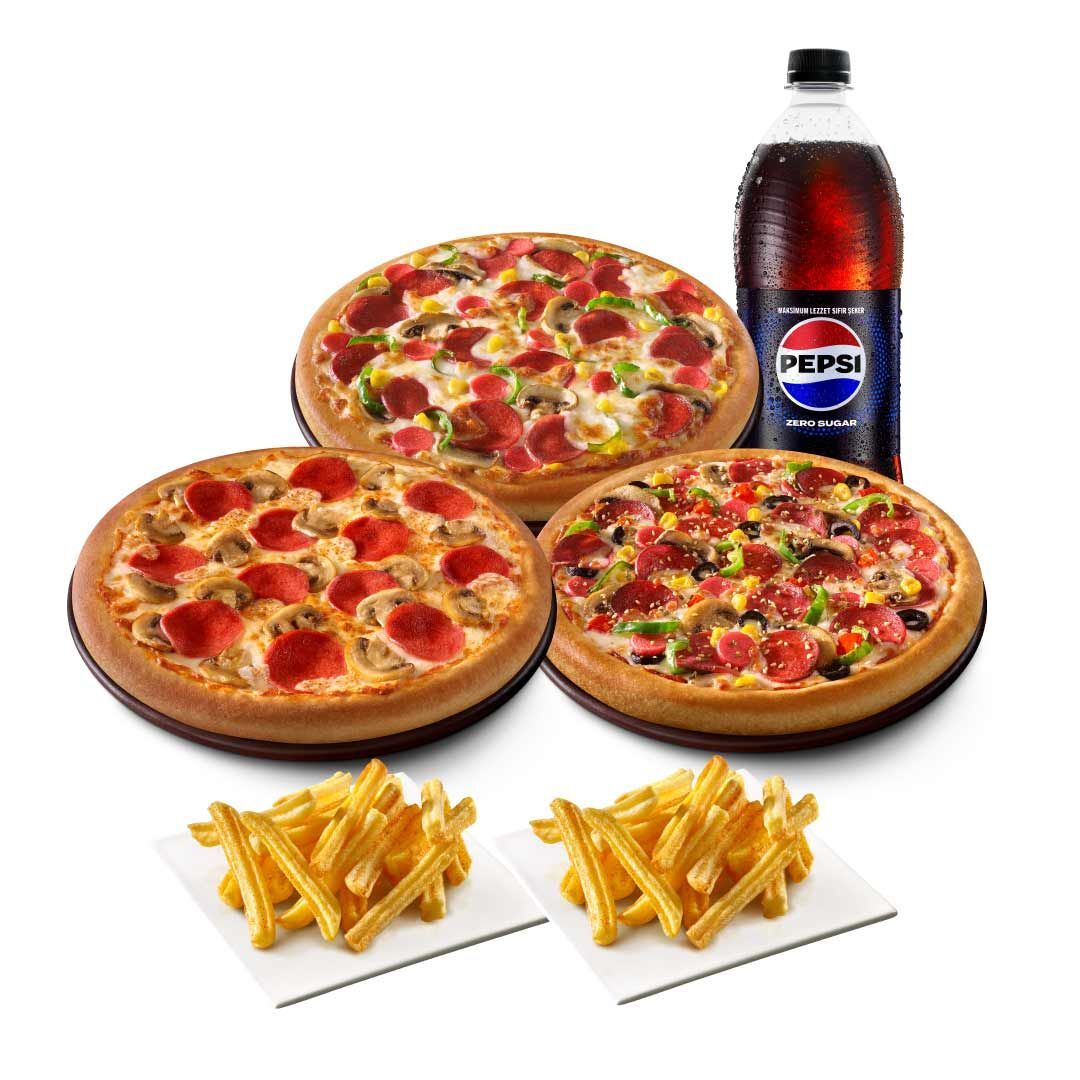 3 Orta Boy Pizza + 2 Patates + İçecek (1 L.)