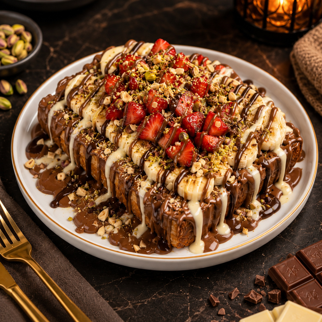 Siyah Beyaz Çikolatalı Muzlu Çilekli Waffle