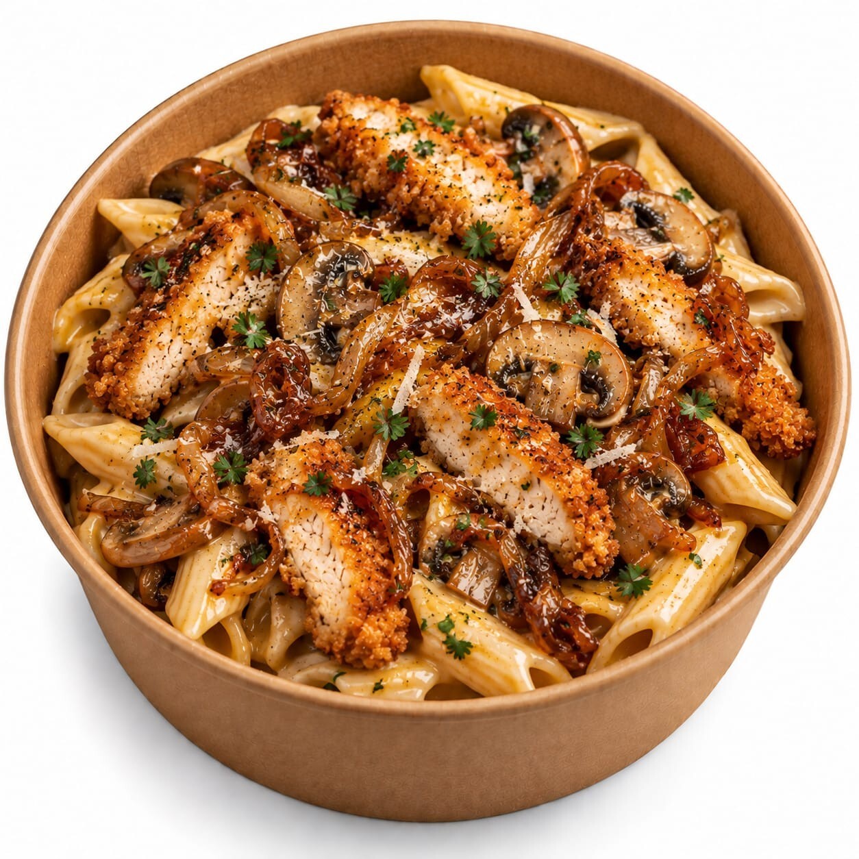 Çıtır Tavuklu Karamelize Soğanlı Penne