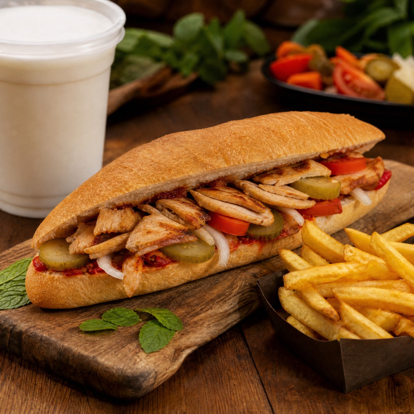 Ekmek Arası Tavuk Döner (85 g) + B. Ayran + Patates Kızartması