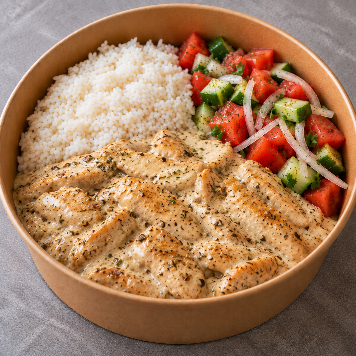 Pilav & Kekikli Kremalı Tavuk & Çoban Salata Bowl
