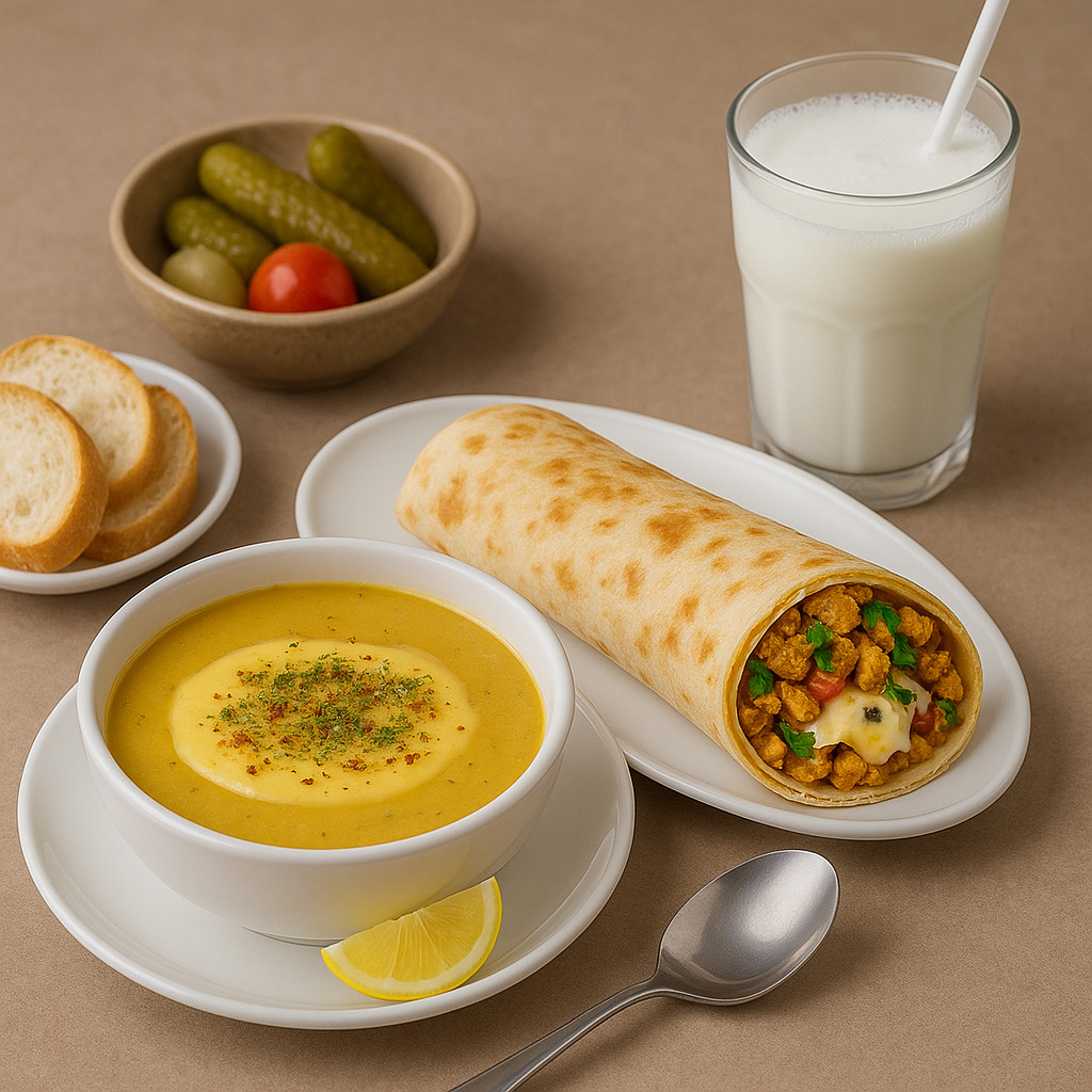 Kaşarlı Tavuk Tantuni Dürüm, Çorba ve Ayran Menü