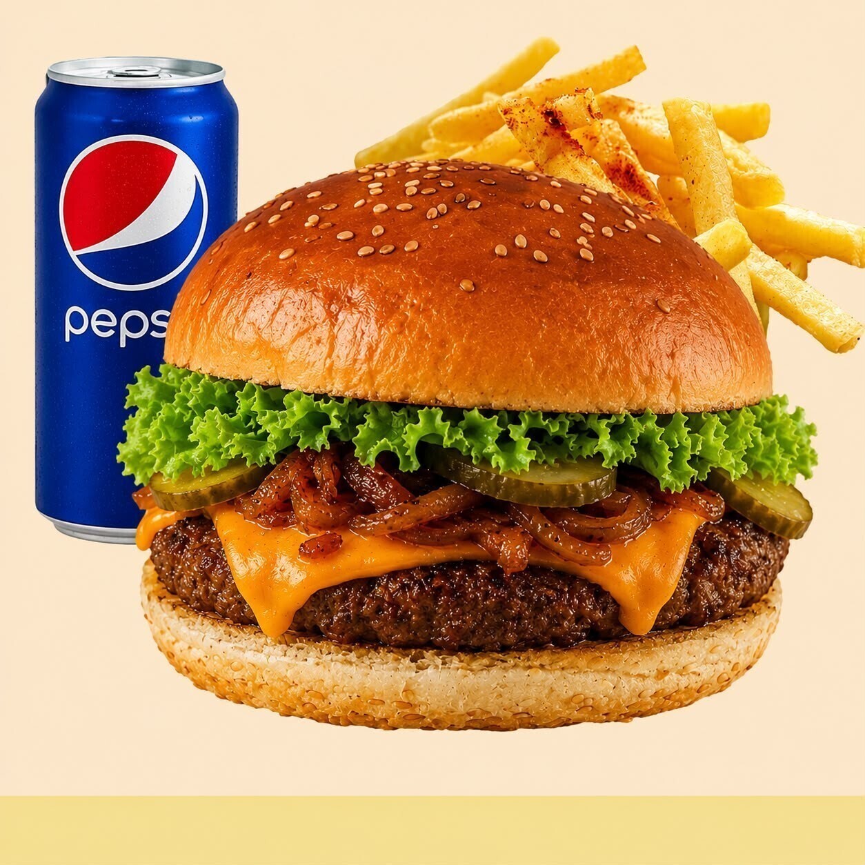 Cheeseburger Menü + Pepsi ( 33 Cl.)