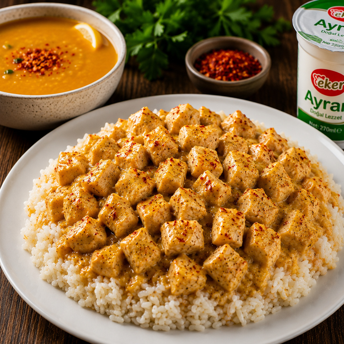 Mercimek Çorba + Tavuklu Pilav + 270ml Ayran Menü