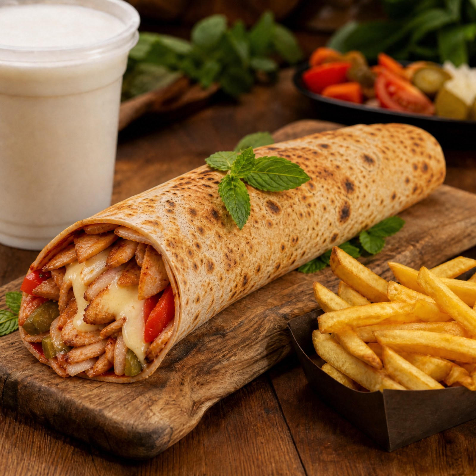 Katık Kaşarlı Tavuk Döner Dürüm (100 gr) + Büyük Ayran + Patates Kızartması