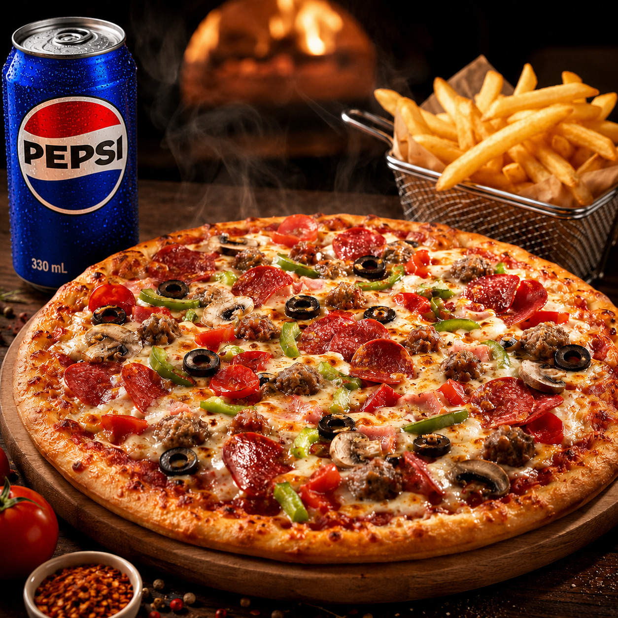 Orta Boy Karışık Pizza + Patates + İçecek