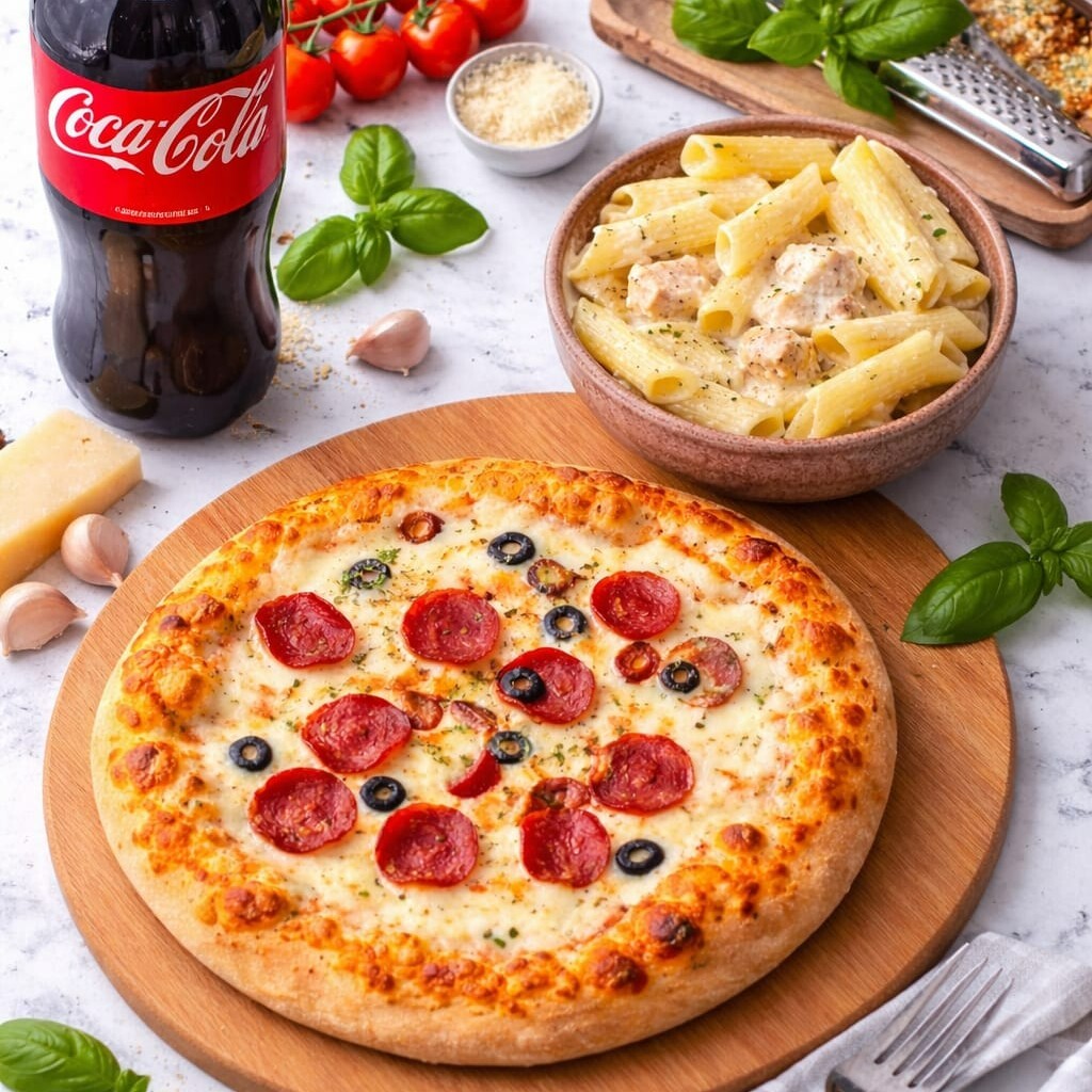 Combo Menü 1 Orta Boy Pizza, 1 Tavuklu Makarna, Kola (1 lt)