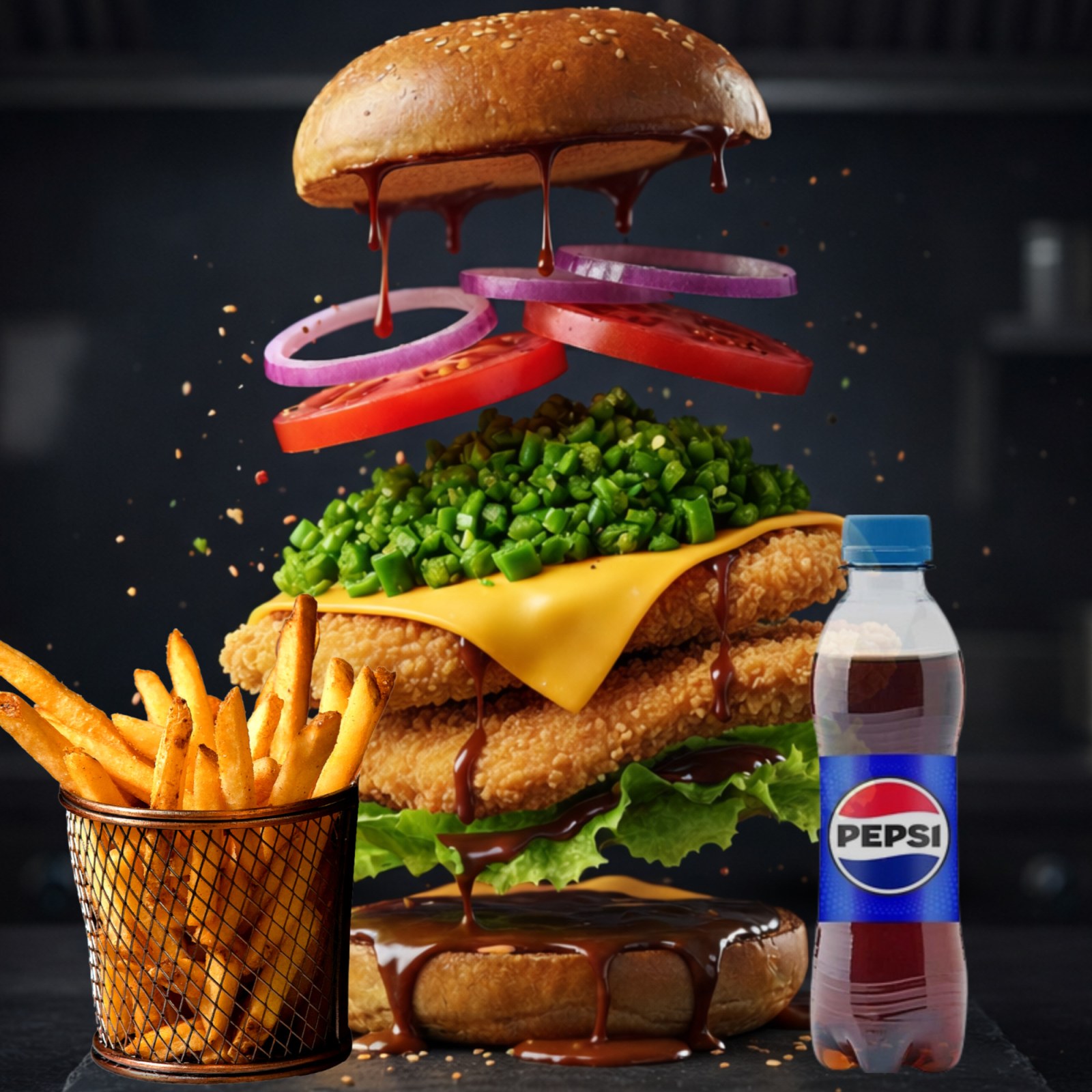 Green Chile Tavuk Burger, Patates Kızartması, İçecek (250 ml)