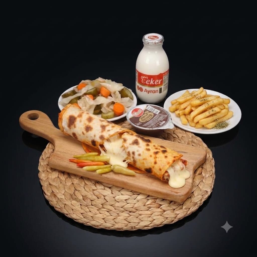 Antakya Usulü Köri Soslu Kaşarlı Tavuk Döner Dürüm Menü