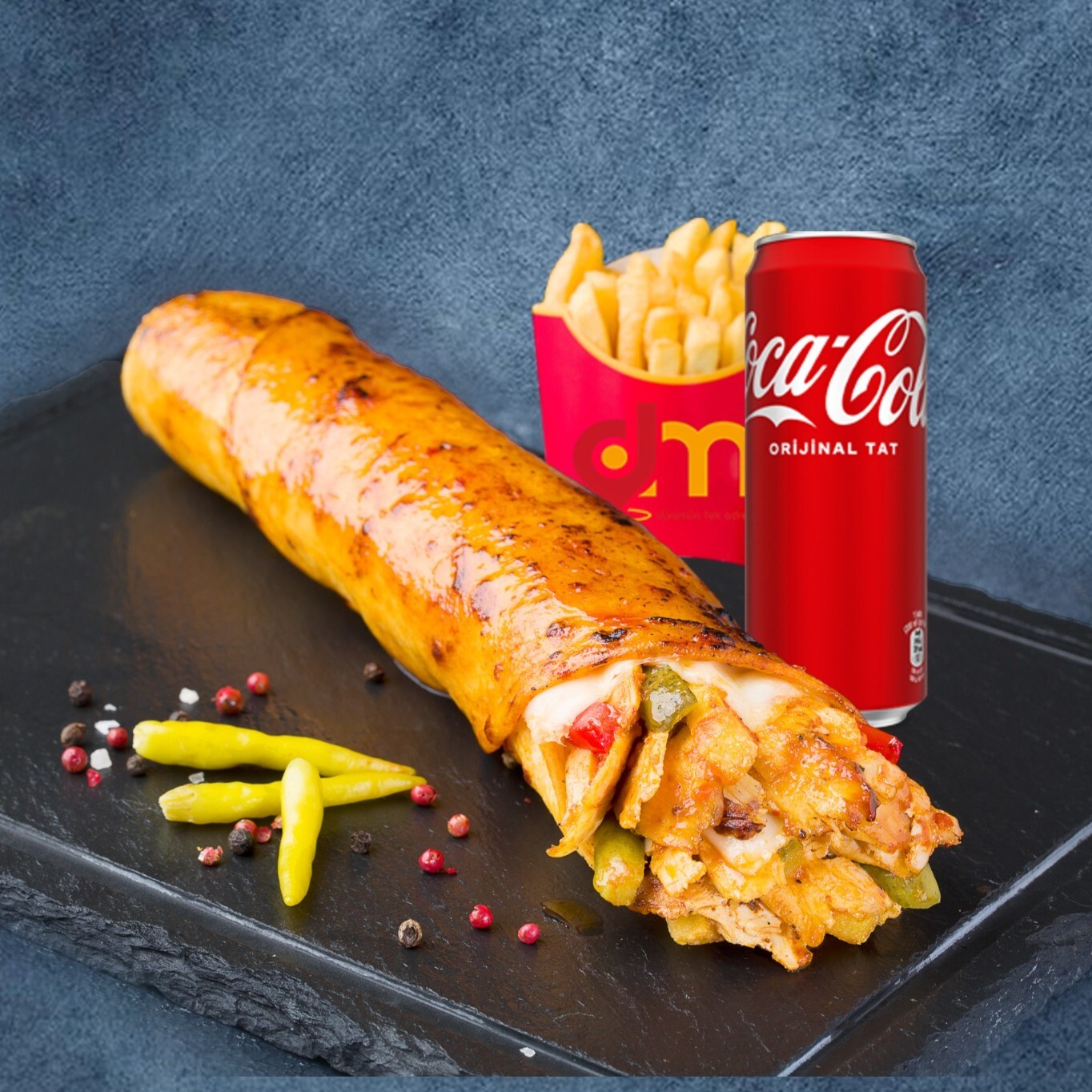 Hatay Usulü Kaşarlı Tavuk Dürüm Menü (90 gr.)