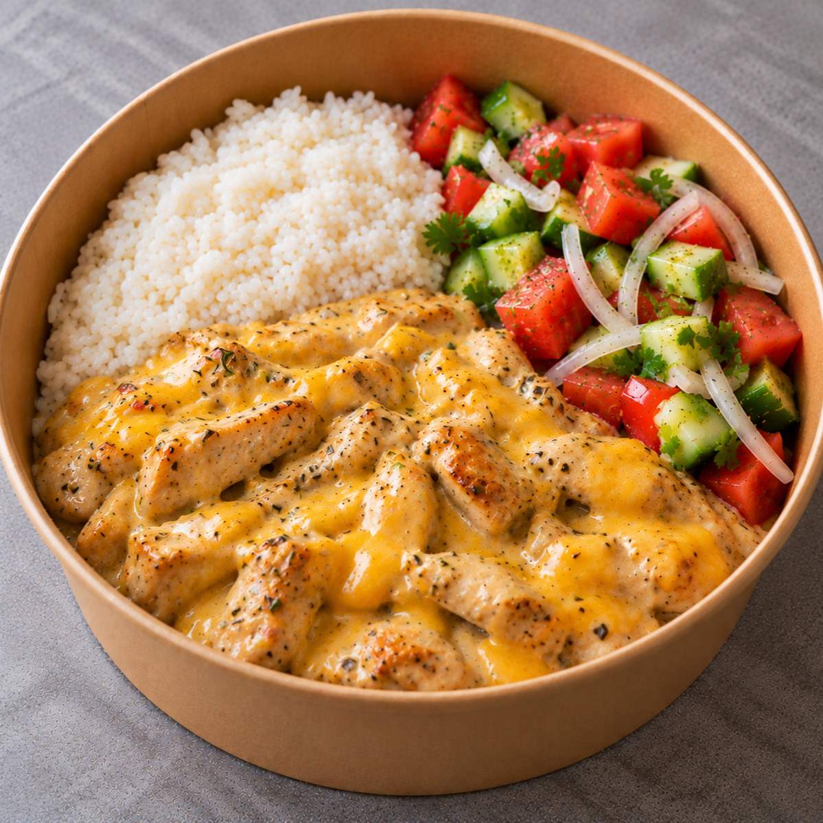 Pilav & Cheddar Soslu Tavuk & Çoban Salata Bowl