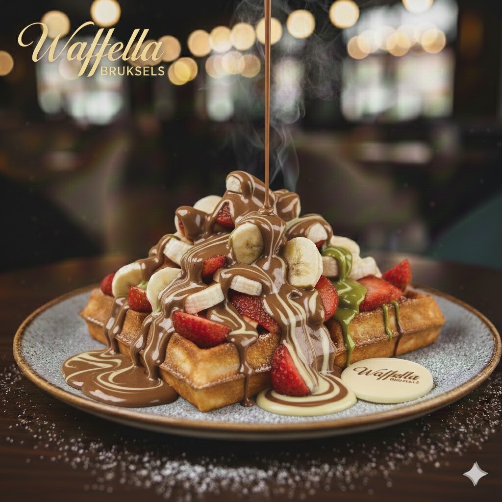 Brüksel XL Waffle (Çilek/Muz/Sütlü, Beyaz ve Fıstıklı Sos)