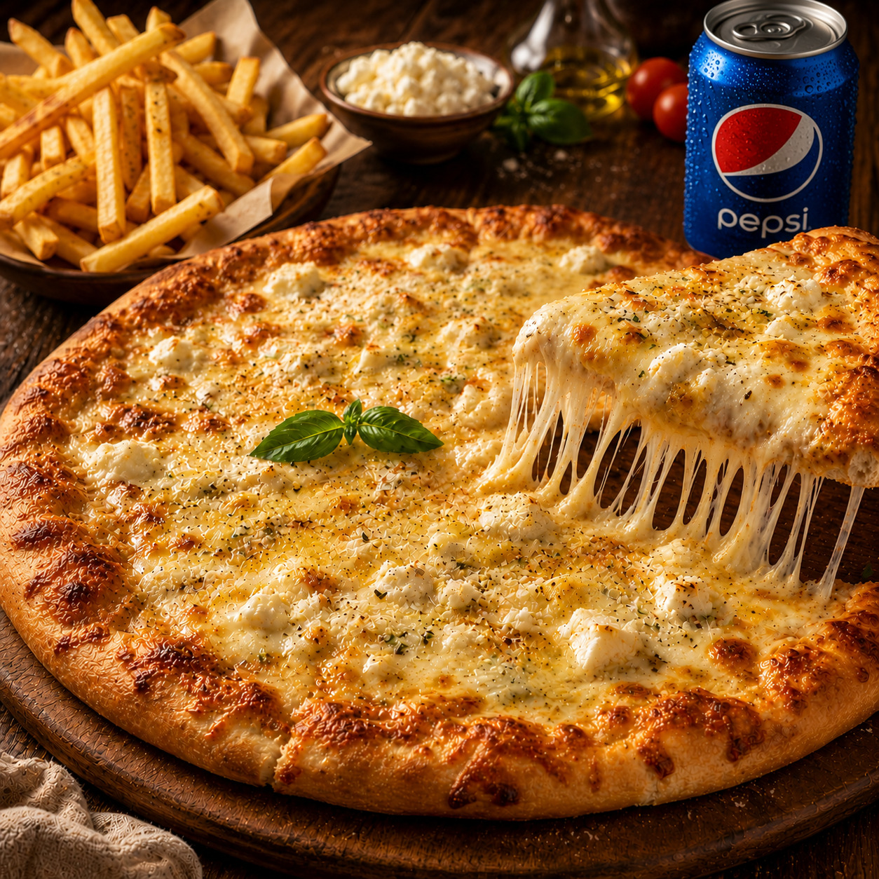 4 Peynirli Orta Boy Pizza + 330ml Pepsi Kola + Patates Kızartması(100gr)
