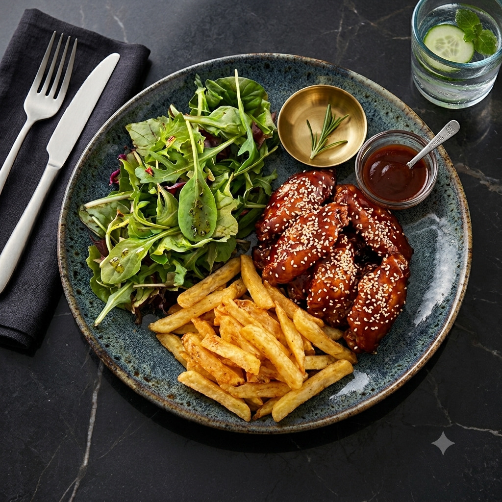 Barbekü Soslu Tavuk Kanat + Patates + Akdeniz Yeşilliği