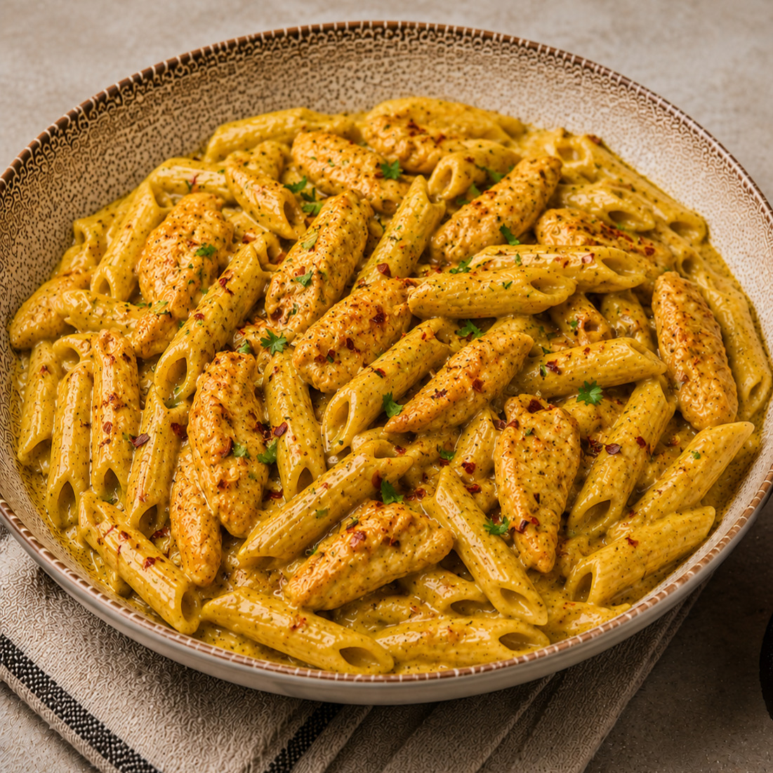 Tavuk Acılı Köri Soslu Kremalı Penne Makarna