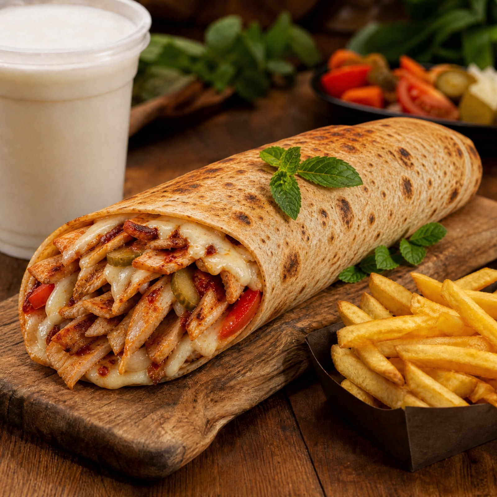 Katık Kaşarlı Mega Tavuk Döner Dürüm (140 gr) + B. Ayran + Patates Kızartması
