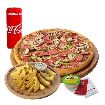 Küçük Boy Pizza + Elma Dilim Patates + Kutu İçecek + Sos