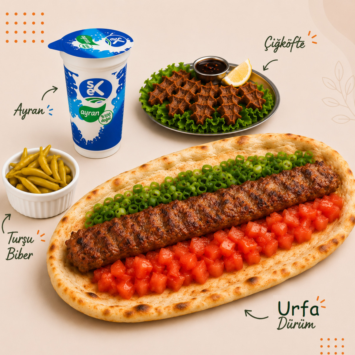Urfa Dürüm + Ayran + Çiğ Köfte + Turşu Biber