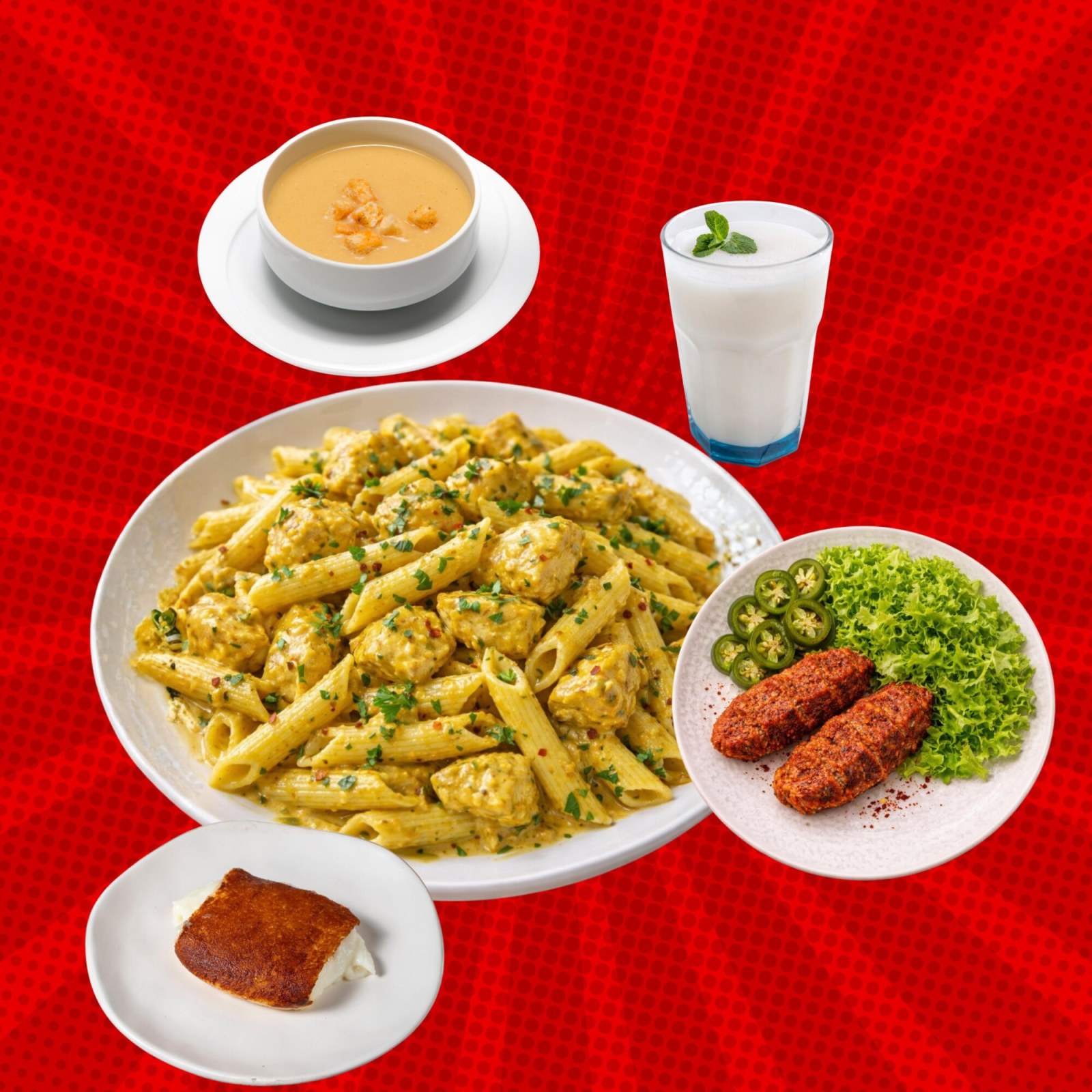 Tıkabasa Doyuran Tavuklu Makarna + Çorba + Tatlı + İçecek