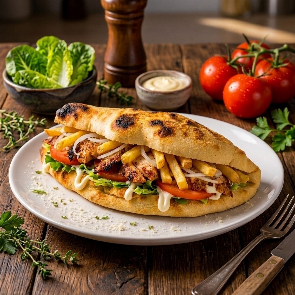 Pide Ekmek Arasına Patatesli Tavuk Döner