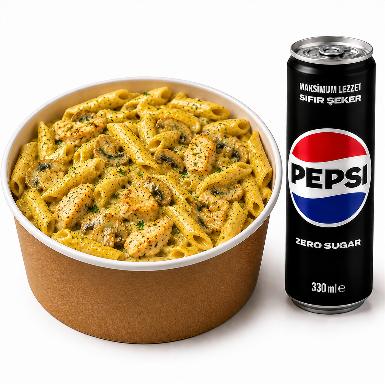 Köri Soslu Tavuklu Mantarlı Penne & Pepsi Max (330 ml) Menü