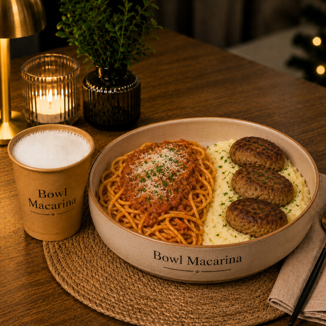 XXL Bowl Soslu Spagetti & Püreli Kadınbudu Köfte + Ayran