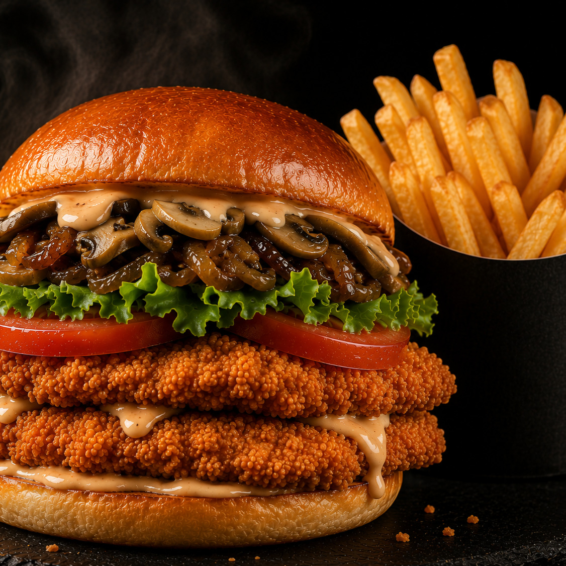 Karamelize Soğanlı Mantarlı Çıtır Tavuk Burger