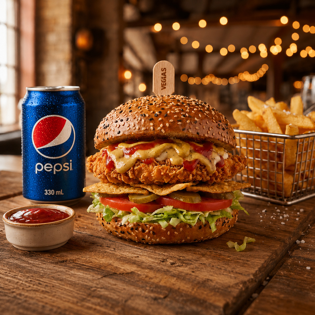 Chicken Burger + Patates + Pepsi Kola(330ml) Menü