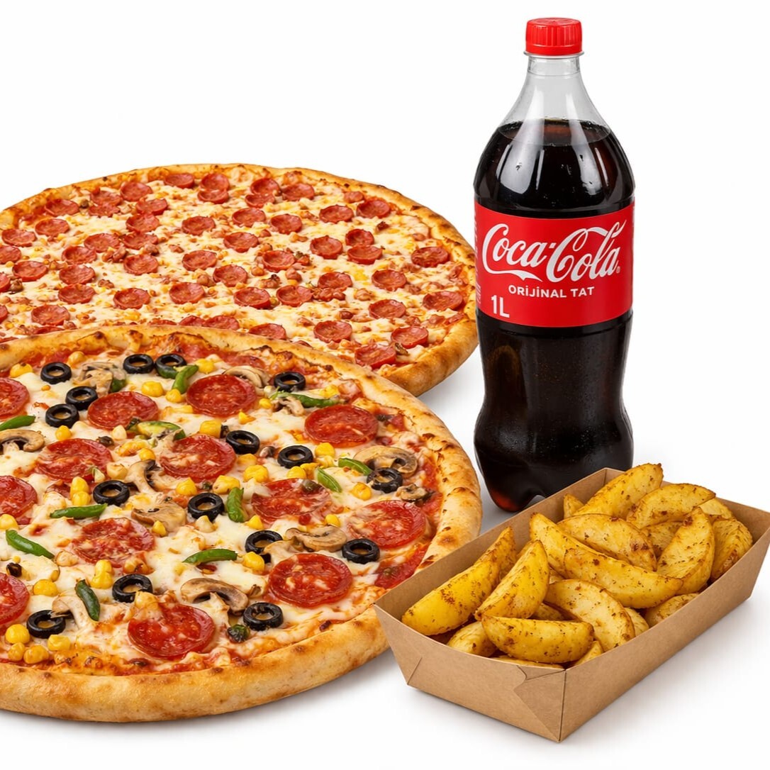2 Pizza + 1lt. İçecek + Patates