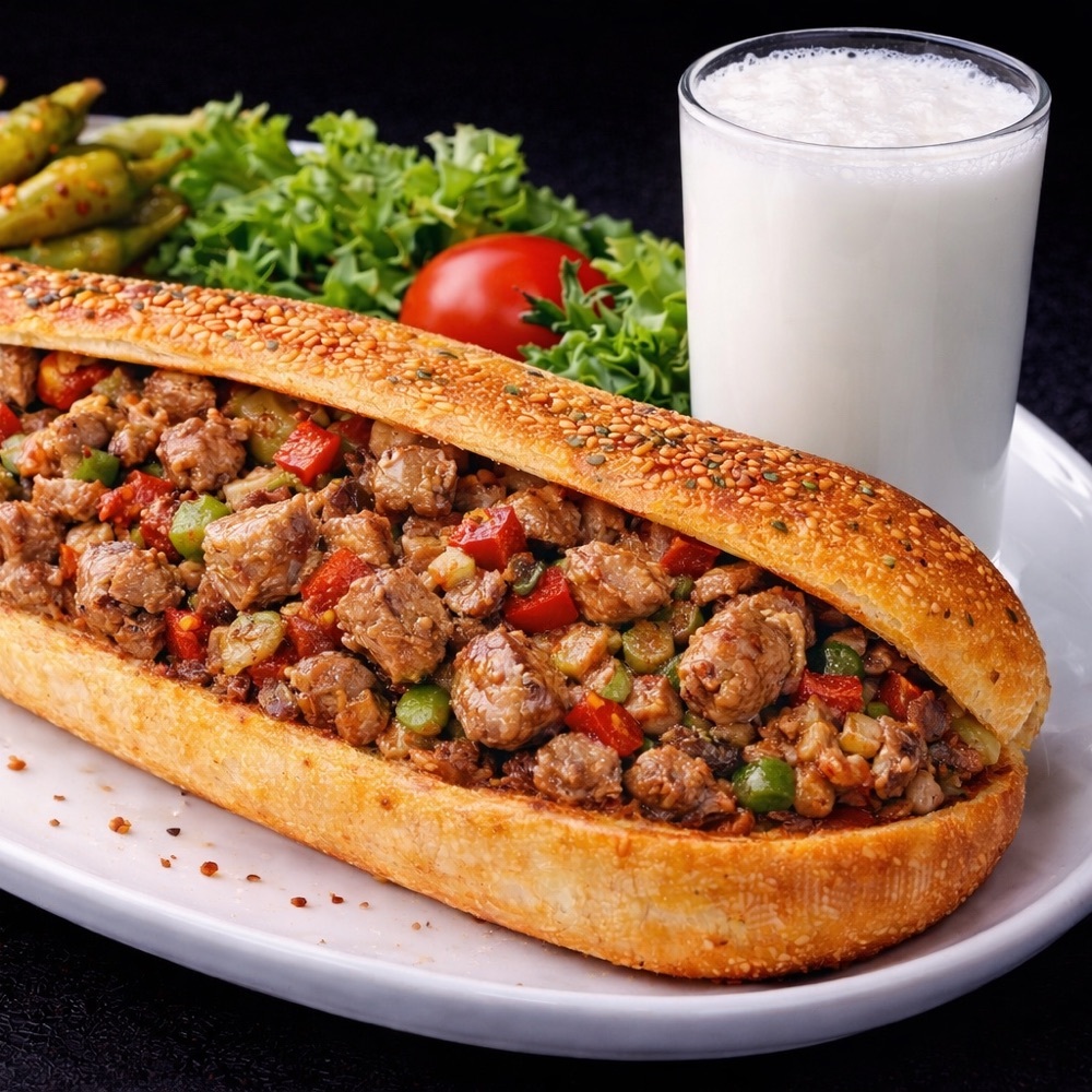 Yarım Ekmek Arası Kuzu Et Kavurma ayranlı Menü