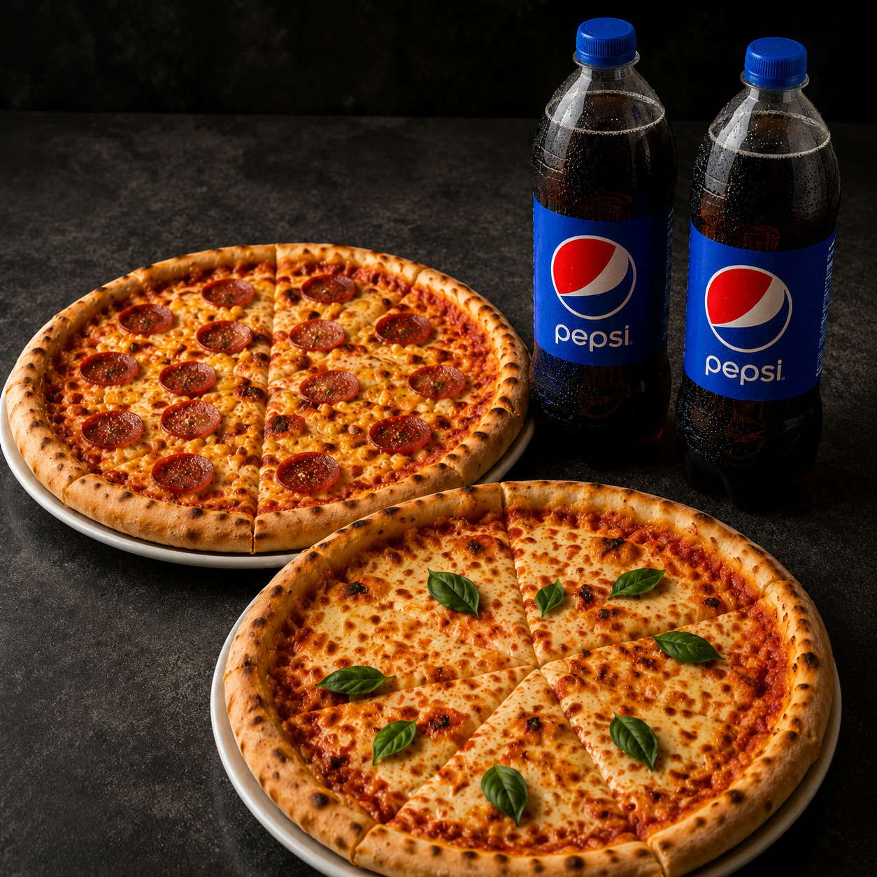 2 Büyük Boy pizza ve 2 L Pepsi