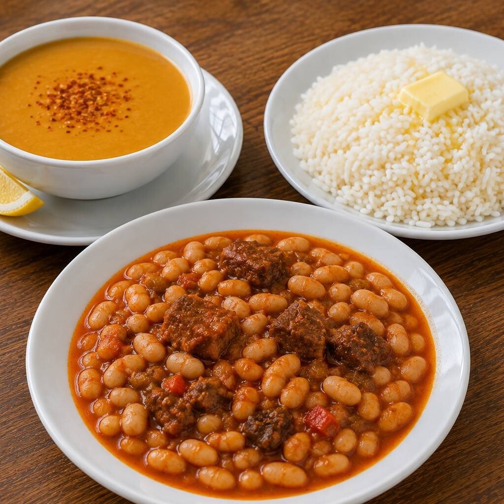 3'lü Efsane Menümüz, Mercimek Çorbası , 3 baget Kuru Fasulye , Tereyağlı Pilav