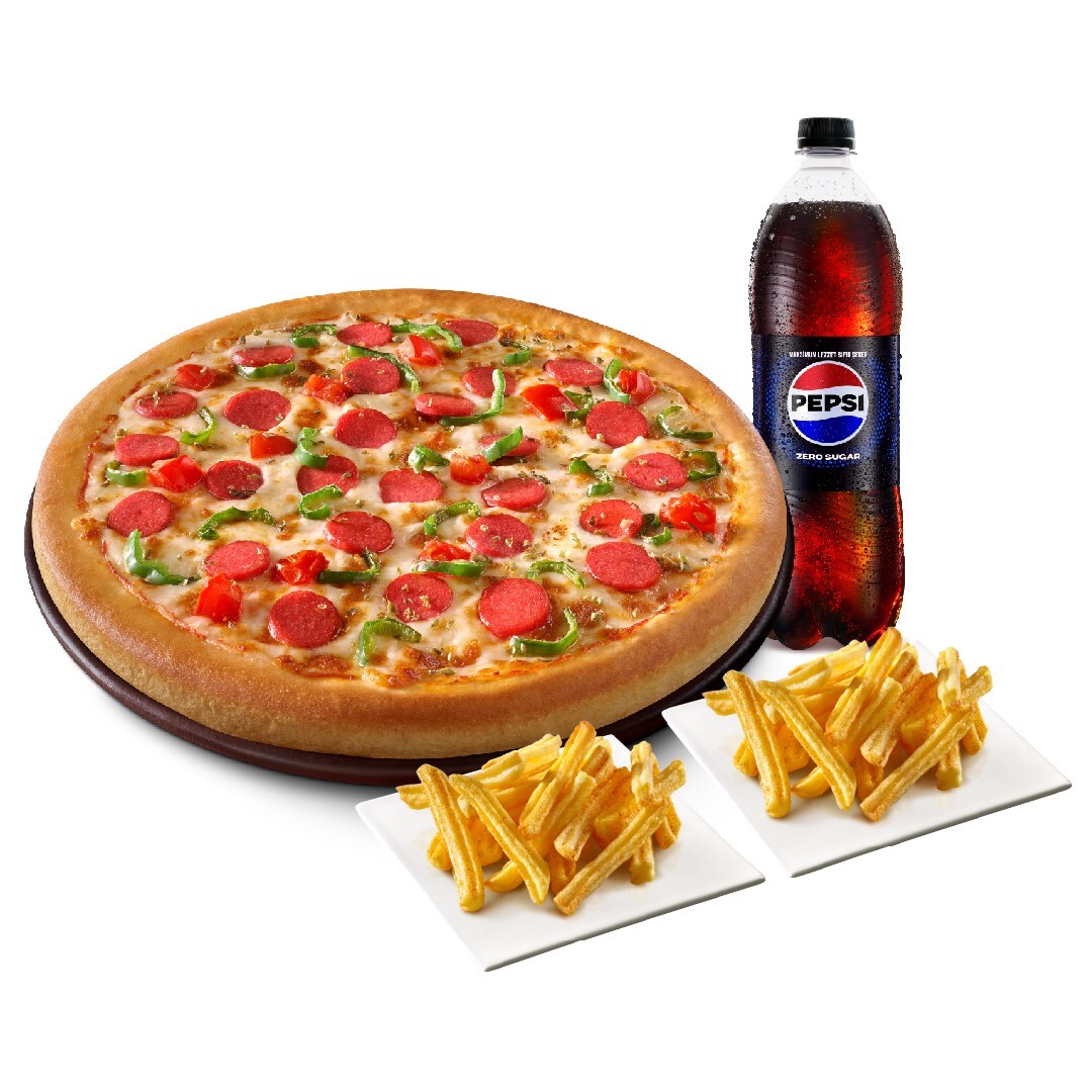 Büyük Boy Pizza + 2 Patates (150 gr.) + İçecek (1L.)
