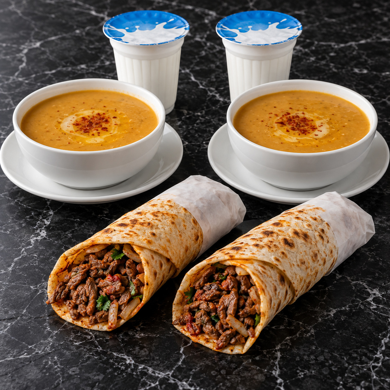 2 Adet Biftek Et Tantuni Dürüm + 2 Adet Özel Tereyağlı Süzme Mercimek + 2 Adet Ufak Ayran