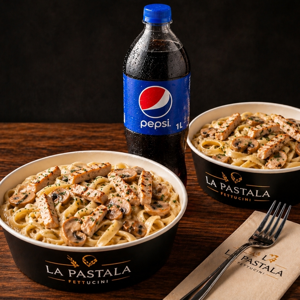 İki Kişilik Keyif Menü (2 Adet) Tavuk Mantarlı Fettucini + (1 lt) İçecek)