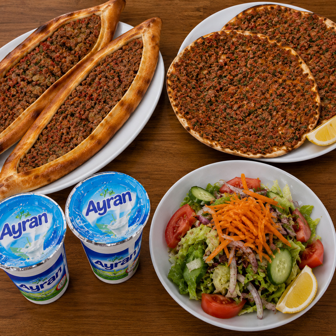 2 Kıymalı Pide + 2 Lahmacun + Salata + 2 Ayran