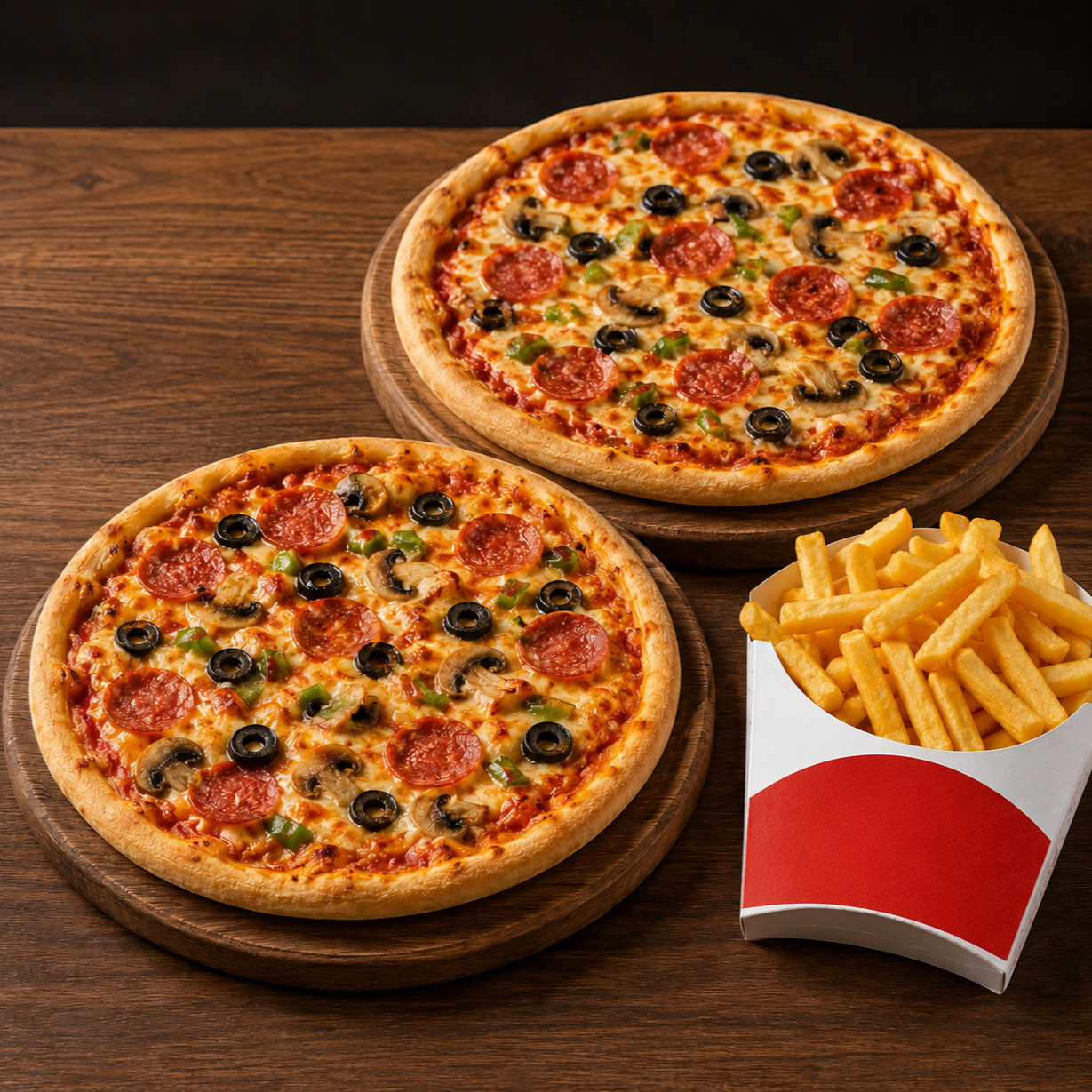 2 Orta Boy Pizza + Patates