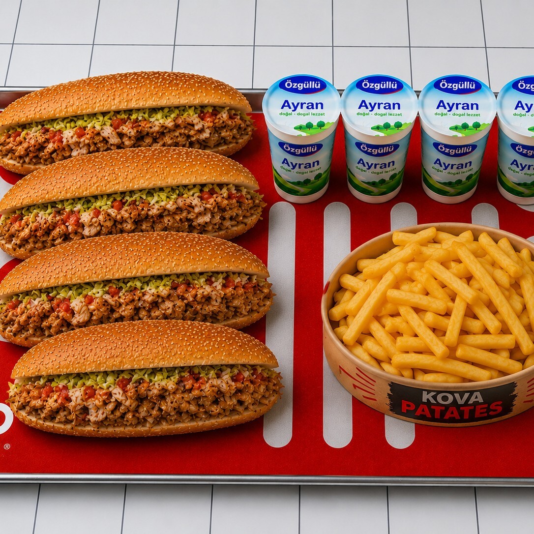 Mega 4'lü Ekmek Arası Tavuk Döner & 1 Kova Patates Kızartması & 4 Ayran