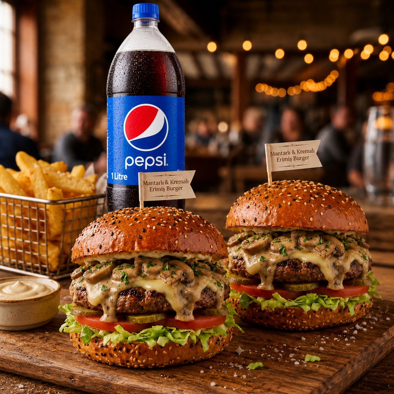 2 Adet Mushroom Burger + Patates + 1 lt Pepsi Kola