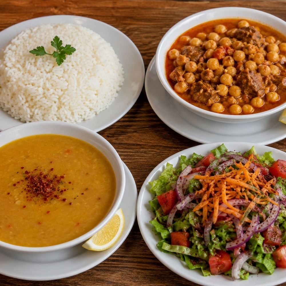 Çorba, kurufasülye, pilav Salata