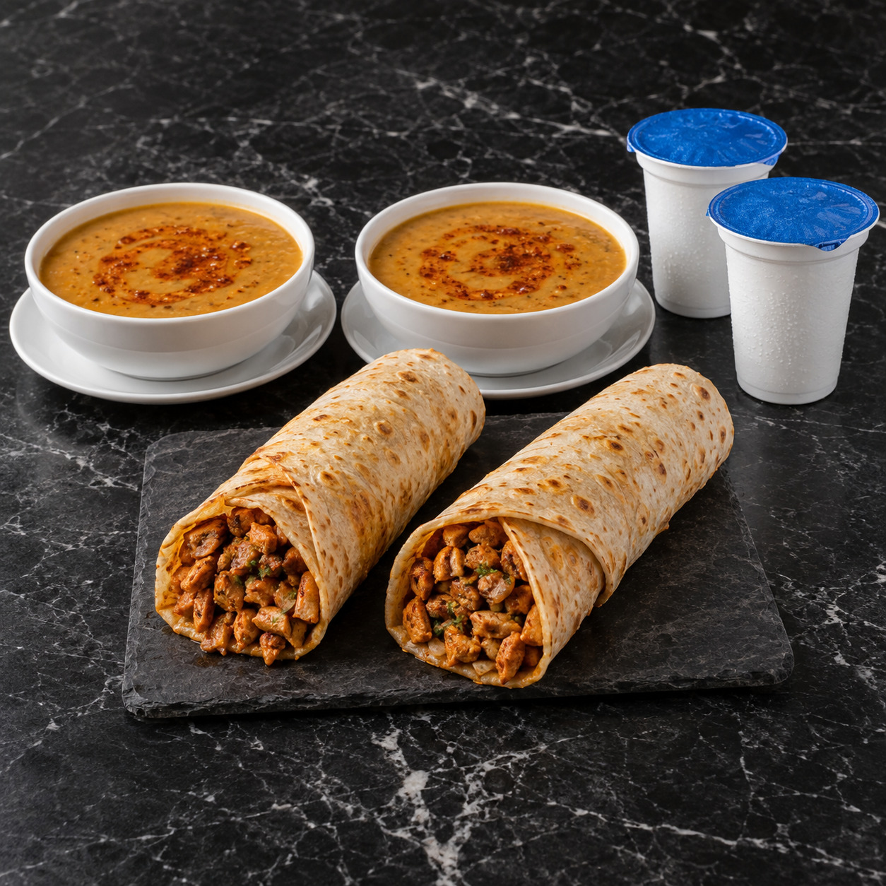 2 Adet Tavuk Dürüm + 2 Adet Ufak Ayran + 2 Adet Özel Süzme Mercimek Çorbası