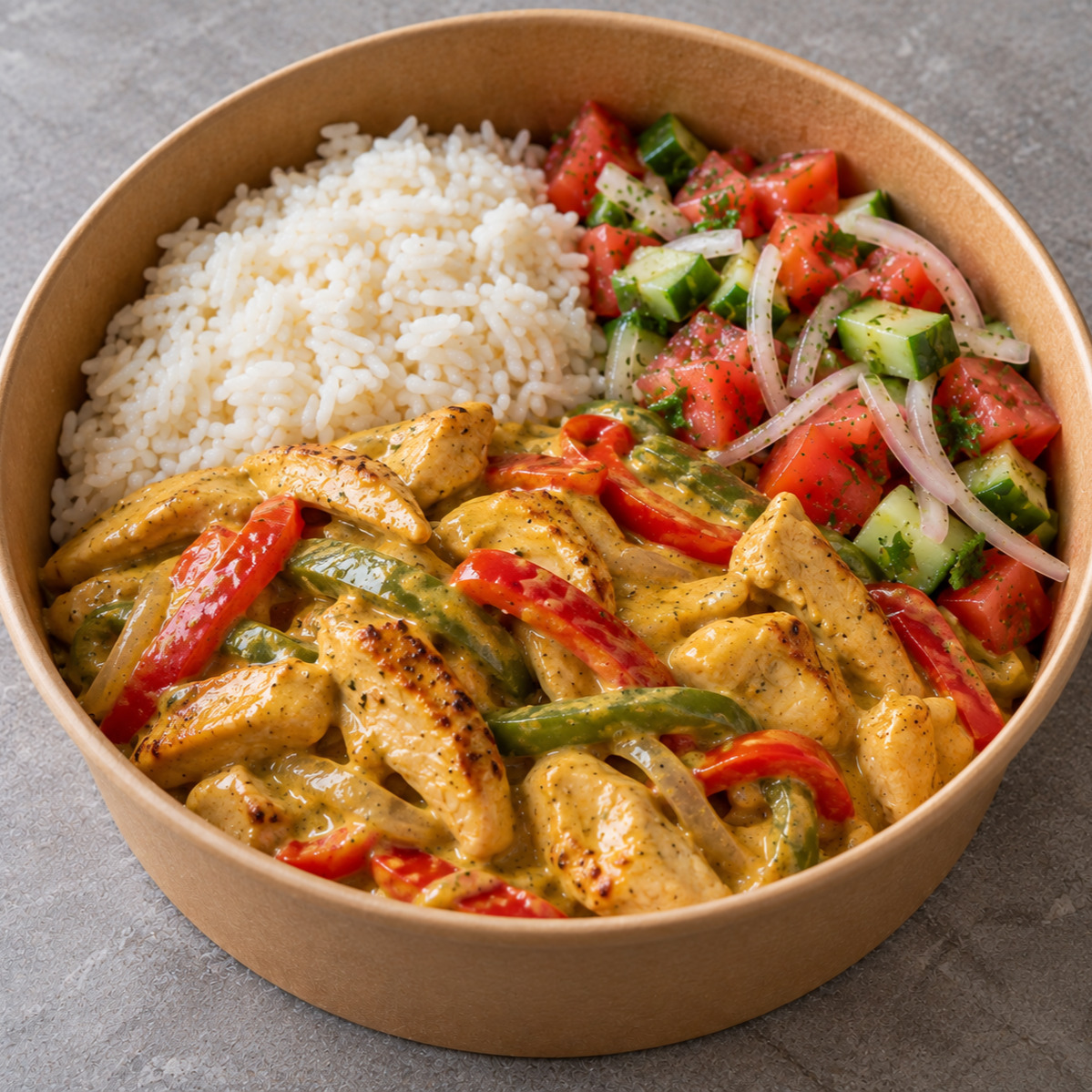 Pilav & Köri Soslu Tavuk & Çoban Salata Bowl