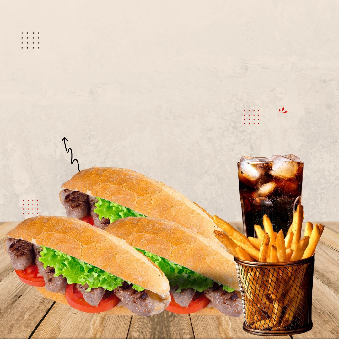 3 Adet Ekmek Arası + Çift Kişilik Patates Kızartması + Litrelik İçecek