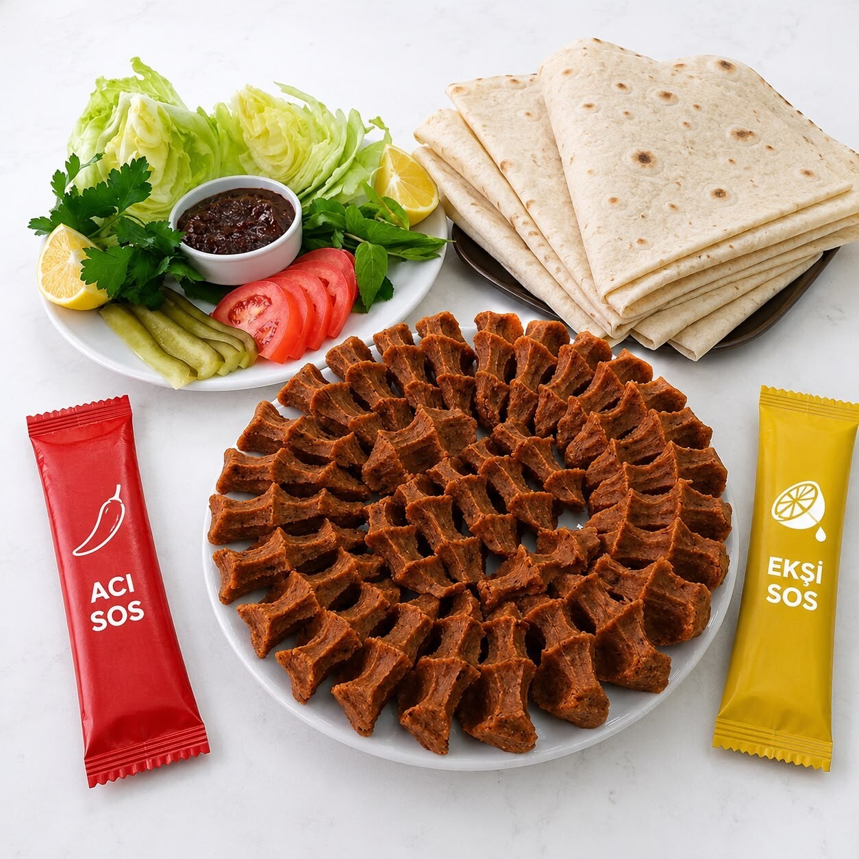 Mega Paket (1 kg) ( (8 Adet) Lavaş + (3 Adet) Ekşi Sos + (3 Adet) Acı Sos + Yeşillik Tabağı