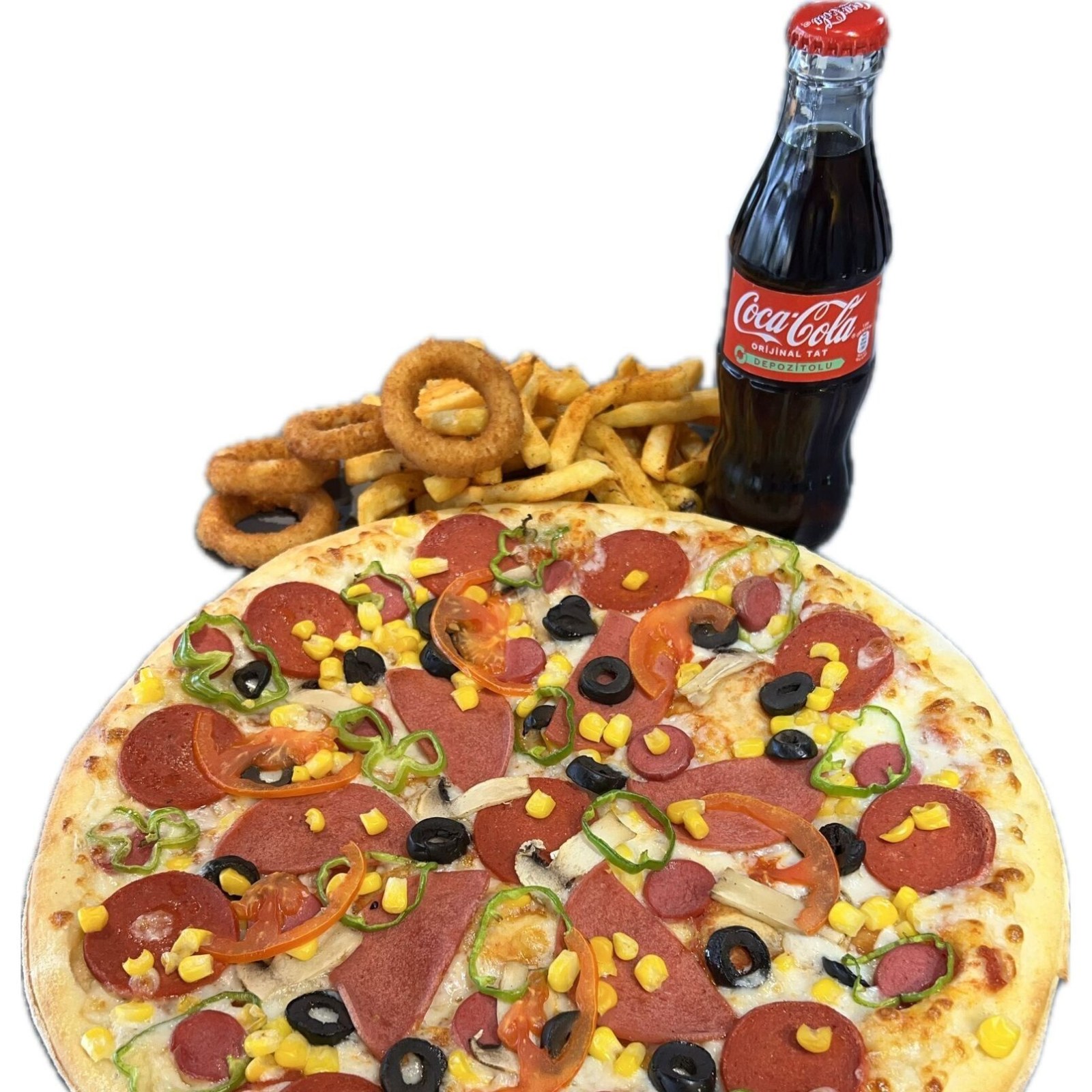 Menü 8 2 Orta Boy Pizza + Patates Kızartması (200 gr.) + Coca-Cola (1 L.)