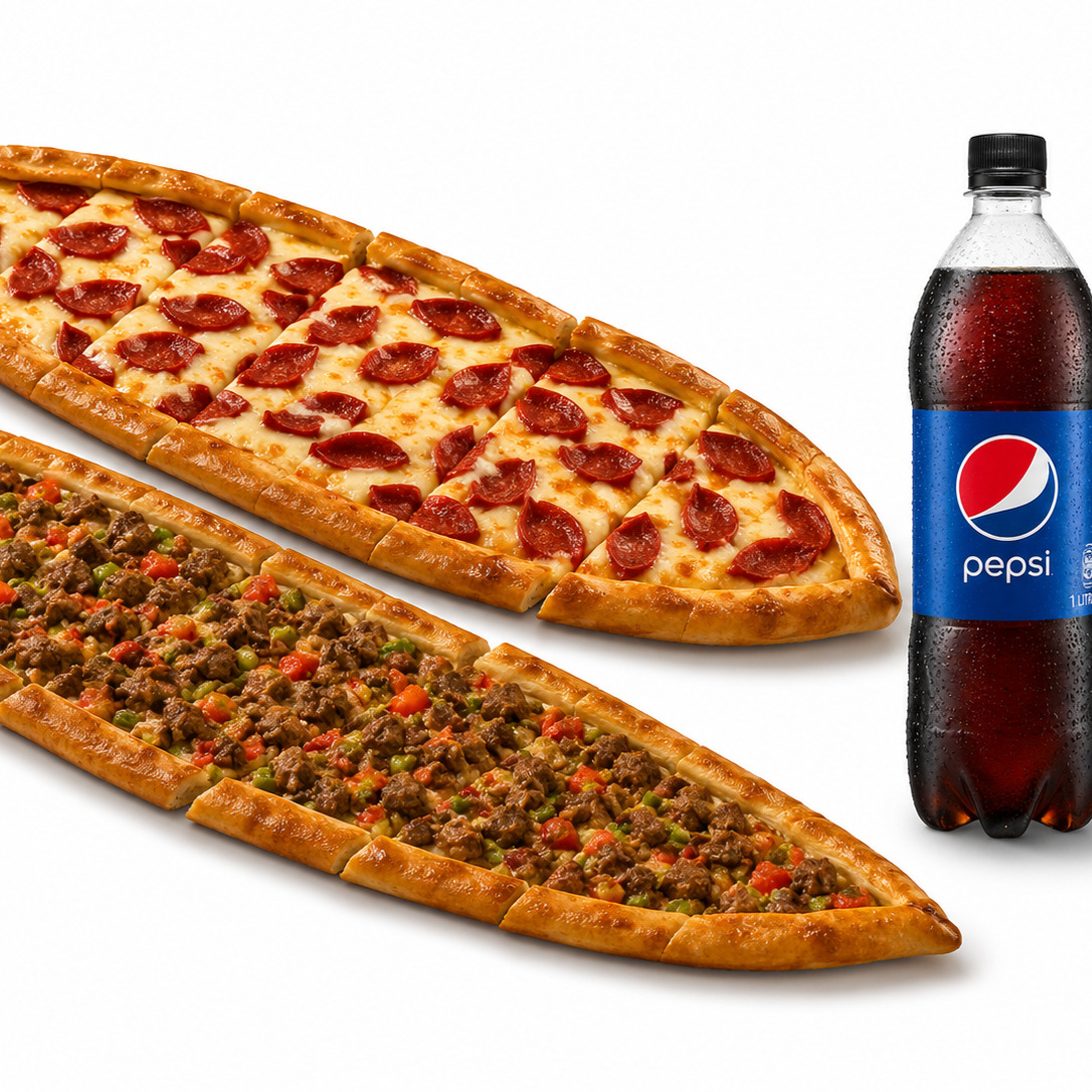 🥩🧀Kuşbaşılı Pide + Sucuklu Kaşarlı Pide + İçecek (1 L)