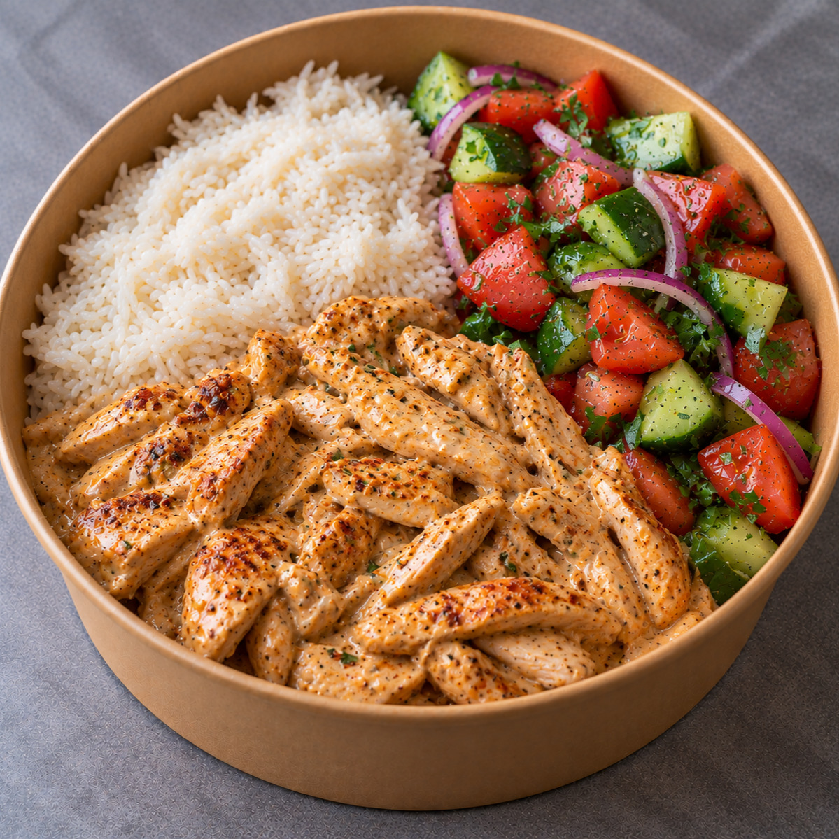 Pilav & Cajun baharatlı kremalı Tavuk & Çoban Salata Bowl