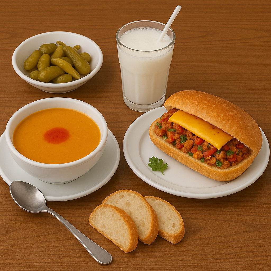 Cheddarlı Ekmek Arası Tavuk Tantuni, Çorba ve Ayran Menü