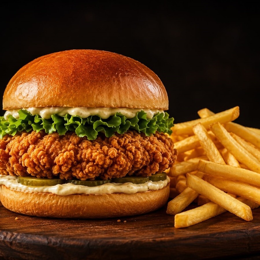 Sezar Soslu Crispy Tavuk Burger ve Patates Kızartması