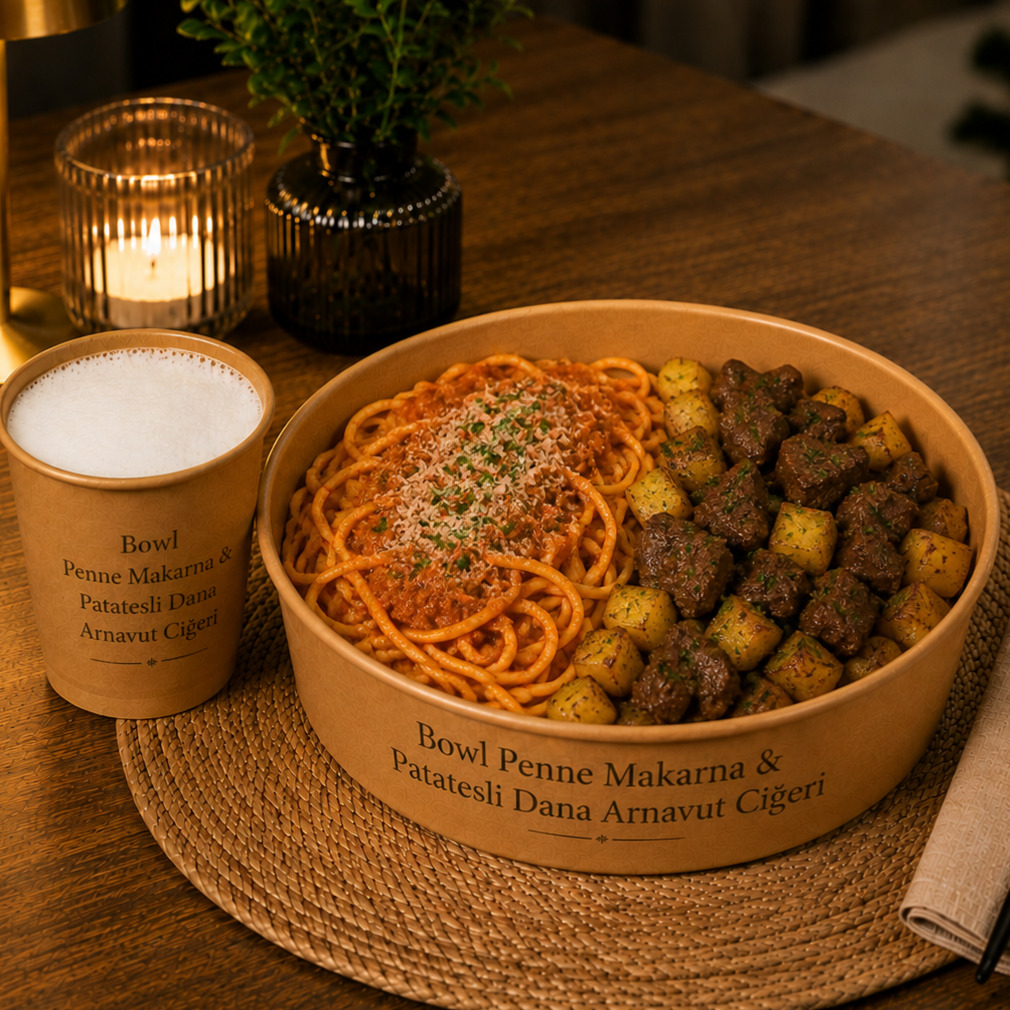 XXL Bowl Soslu Spagetti & Patatesli Dana Arnavut Ciğeri + Ayran